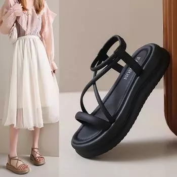 Модные босоножки на платформе, женские летние босоножки на танкетке, женские сандалии-гладиаторы с ремешками на щиколотке и толстой подошвой и эластичной резинкой 35 бежевый