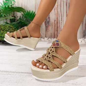 Модные босоножки на танкетке для женщин 2024 года, летние разноцветные шлепанцы на толстой платформе, женские босоножки на очень высоком каблуке 36 коричневый