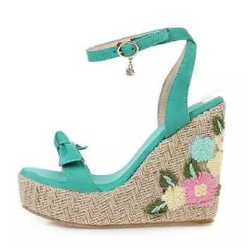 Модные босоножки на танкетке для женщин, летняя обувь, вышитые модные шлепанцы-гладиаторы на танкетке, повседневная обувь для вечеринок, женские, большие размеры 45 47 34 синий