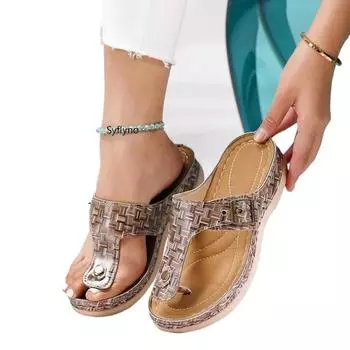 Модные босоножки на танкетке с красочным принтом из кожи с застежкой-молнией и заклепками сбоку, пляжная обувь в стиле бохо у моря 35 чёрный