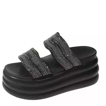 Модные босоножки на танкетке с открытым носком и каблуком 9 см, украшенные стразами, для женщин, лето 2024 г., новые босоножки на толстой подошве и платформе, пляжные тапочки 34 бежевый