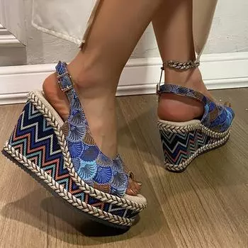 Модные босоножки на танкетке с открытым носком для женщин, лето 2024, модные босоножки на толстой платформе, женские туфли-эспадрильи с толстой подошвой 36 синий
