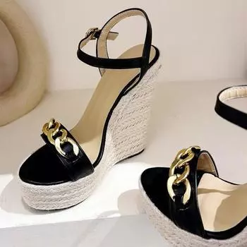 Модные босоножки на танкетке с пряжкой, женские, летние, сексуальные, из пеньковой веревки, на толстом каблуке, с металлической цепочкой 35 чёрный