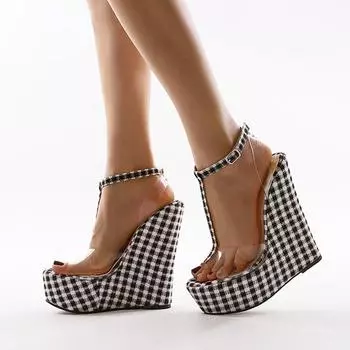 Модные босоножки на танкетке в клетку с толстой подошвой, женские, лето 2024 г., с пряжкой на щиколотке, на платформе, на высоком каблуке, прозрачные женские туфли из ПВХ 35 чёрный