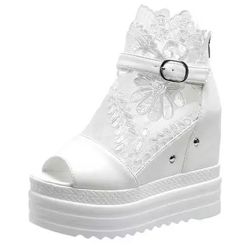 модные босоножки на танкетке женские летние 12 см толстые сандалии-маффины рыбий рот дышащая сетка повседневная обувь сандалии на платформе женские 34 белый