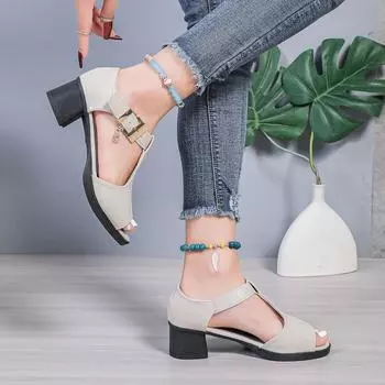 Модные босоножки на толстом каблуке женские 2025 новые толстые каблуки среднего каблука женские туфли для мам с пряжкой из одного слова с рыбьим ртом босоножки женские летние 35 серый