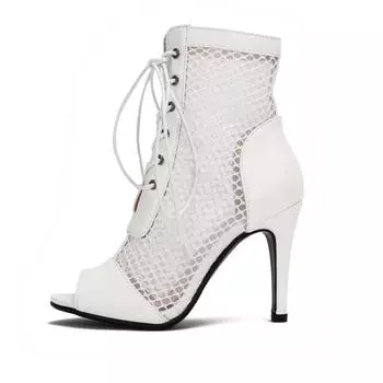 Модные босоножки на высоком каблуке для женщин, летняя обувь, модные сетчатые черные белые туфли с открытым носком для джазовых танцев, женские, большого размера 46 34