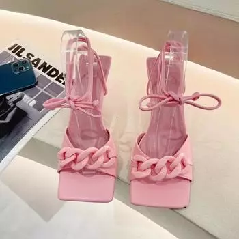 Модные босоножки на высоком каблуке для женщин из натуральной кожи с узким ремешком на щиколотке из металлической цепочки, летние сексуальные туфли для вечеринок fw45 35 розовый