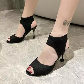 Модные босоножки на высоком каблуке женские новые дизайнерские вязаные летние 2024 года сандалии на толстом каблуке с квадратным носком женские сексуальные босоножки черные туфли для вечеринок 35 чёрный