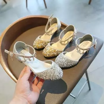 Модные босоножки принцессы на высоком каблуке со стразами для девочек для подиумных танцев 26-30 серебряный