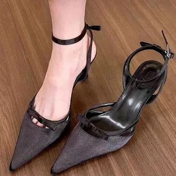 Модные босоножки с острым носком, женские туфли на высоком каблуке, летние тапочки, сексуальное платье с бантом, свадебные туфли-лодочки с открытой пяткой, женские туфли-лодочки Zapatillas 35