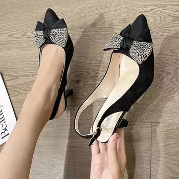 Модные босоножки с открытой пяткой, украшенные бантом, с острым носком, женские туфли на высоком каблуке для свадебной вечеринки 2024 35 чёрный