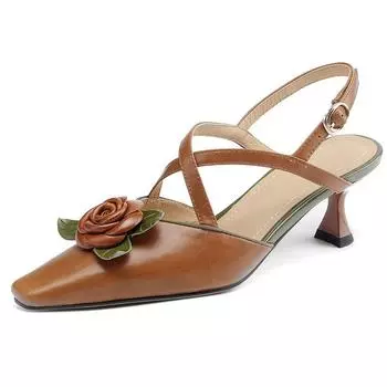 Модные босоножки с открытой пяткой, женские летние туфли, мюли из натуральной кожи, милые цветочные туфли на низком каблуке, женские туфли для вечеринок, большой размер 45, шлепанцы 34 коричневый