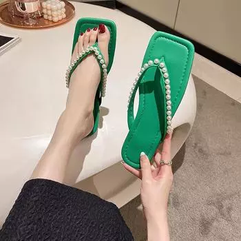 Модные босоножки с жемчугом, тапочки с квадратным носком, сандалии с открытым носком, женские шлепанцы на плоской подошве для отдыха, летние новые женские шлепанцы 2024 года 35 чёрный