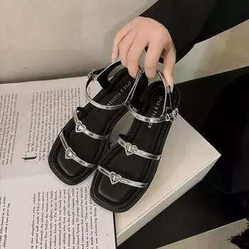 Модные босоножки со стразами и пряжкой, женская летняя обувь на низком каблуке с открытым носком, серебряные темпераментные римские сандалии с квадратным носком 35 чёрный