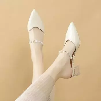 Модные босоножки, тапочки, летние туфли на среднем каблуке 2024 года, новый стиль, темперамент, толстый каблук, жемчужный однотонный цвет, простые модные туфли 35 бежевый