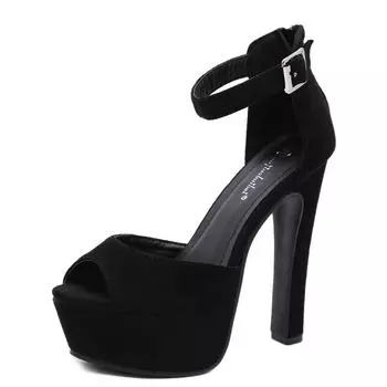 Модные босоножки женские 2024 года, сексуальные босоножки на толстом высоком каблуке 14 см, однотонные босоножки с одной пряжкой, женские туфли с ремешком сзади, замшевые женские туфли 34 чёрный