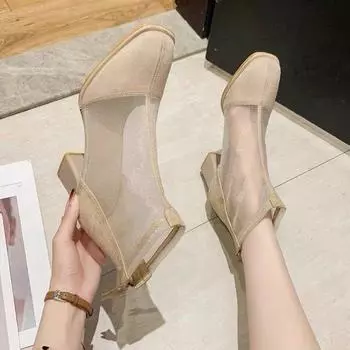 Модные босоножки женские 2024 летние черные темпераментные с острым носком полые дышащие модные шпильки на высоком каблуке сетчатые короткие сапоги весна 34 бежевый
