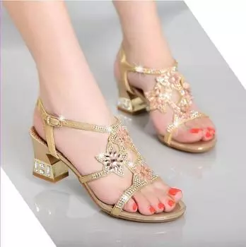 Модные босоножки женские босоножки на высоком и низком каблуке НАТУРАЛЬНАЯ КОЖА женские босоножки со стразами женская пляжная обувь для отдыха на открытом воздухе 34 золотистый
