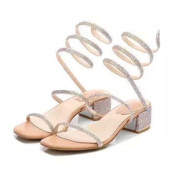 Модные босоножки женские, лето 2024, облегающие щиколотки со стразами, элегантные туфли на среднем каблуке, женские сандалии класса люкс, женские бренды 35 абрикосовый