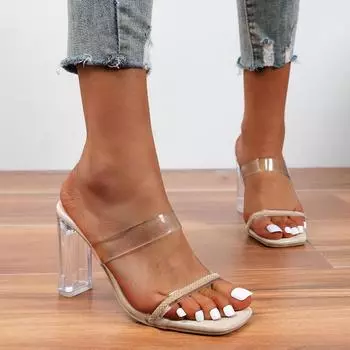 модные босоножки женские лето 2024 прозрачные босоножки с кристаллами женские квадратные корейские туфли на высоком каблуке блочные каблуки женские туфли большого размера 35 золотой