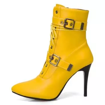 Модные ботильоны для женщин, популярные сексуальные женские ботильоны 2024 года, осенне-зимние ботильоны с пряжкой на высоком каблуке, короткие туфли на шнуровке, большой размер 34 чёрный