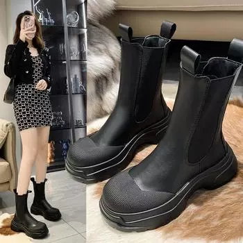 Модные ботильоны из искусственной кожи на толстой подошве 2024 года, женские ботильоны на толстом каблуке, женские черные ботинки, женская модная мода 35 чёрный