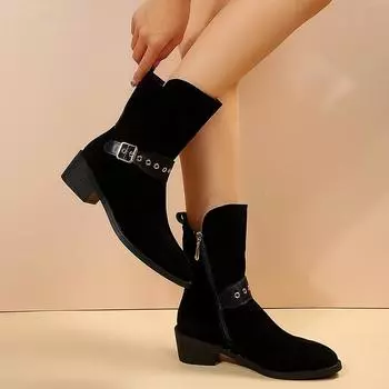 Модные ботильоны из искусственной замши с пряжкой на ремне, женские короткие ботильоны с боковой молнией на блочном каблуке, женские ботинки челси с острым носком и толстым каблуком 35