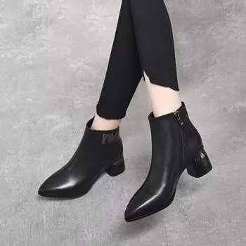 Модные ботильоны из натуральной кожи с острым носком, новые осенне-зимние, из коровьей кожи первого слоя, с темпераментной металлической пряжкой, на высоком каблуке, женские ботильоны 35
