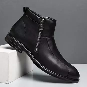 Модные ботильоны из натуральной кожи с высоким верхом, теплые мужские короткие ботинки с защитой от скольжения Bota Masculinas De Couro Bottines Bottes Hommes 6.5 чёрный