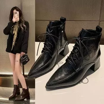 Модные ботильоны из натуральной кожи в стиле ретро для женщин, ботильоны с острым носком, на шнуровке, на толстом каблуке, женские осенне-зимние офисные ботинки 35 коричневый