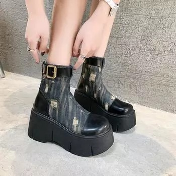 Модные Ботильоны из натуральной кожи, джинсовые, осенне-весенние, женские, мотоциклетные, ботильоны на платформе, модные, до середины голени, на толстом каблуке 34