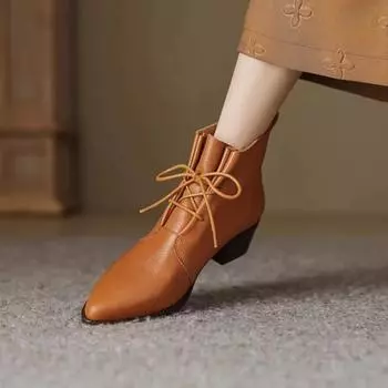Модные ботильоны на квадратном каблуке, современные зимние женские ботинки в корейском стиле 2024 года, высококачественные женские ботинки на шнуровке с острым носком и средним каблуком 35 коричневый