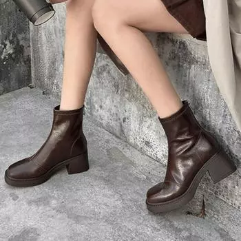 Модные ботильоны на квадратном каблуке, современные женские туфли на молнии и среднем каблуке, распродажа 2024 года, новые однотонные женские ботинки с круглым носком на весну/осень 35 чёрный