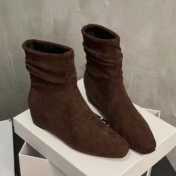 Модные ботильоны на плоской подошве из замши, теплые женские туфли, зимние брендовые повседневные туфли с квадратным носком, челси 2025 года, трендовые ботинки на низком каблуке, зимние ботинки Mujer Zapatos 35 коричневый