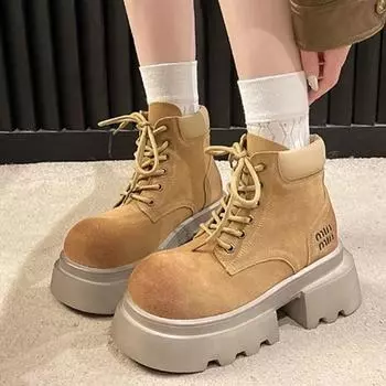 Модные ботильоны на плоской подошве на платформе, женская обувь 2024 года, новые зимние повседневные модные ботинки челси на шнуровке для ходьбы, дизайнер Zapatillas Mujer 35 света загар