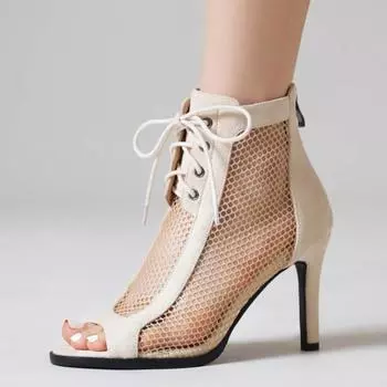 Модные ботильоны на высоком каблуке с открытым носком для женщин, на шнуровке, дышащие, для вечеринок, джазовые танцевальные туфли, женские, большого размера 45 46, короткие летние ботинки 34