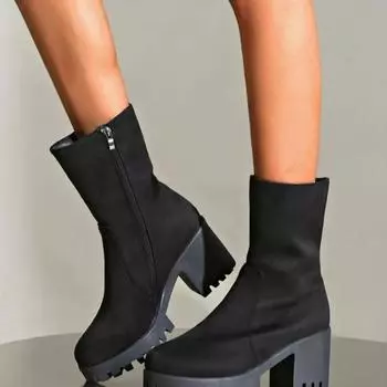 Модные ботильоны на высоком каблуке с вышитыми цветами, замшевые женские туфли на толстой подошве 2024 года, новые модные элегантные и удобные ботинки челси 35 чёрный