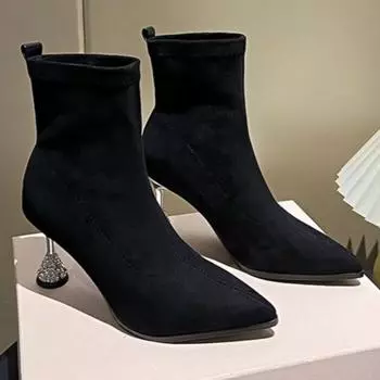 Модные ботильоны на высоком каблуке с кристаллами, замшевые теплые женские туфли, зимние брендовые повседневные туфли-челси с острым носком, трендовые туфли-лодочки 2025 года, зимние ботинки-лодочки женские 34 чёрный