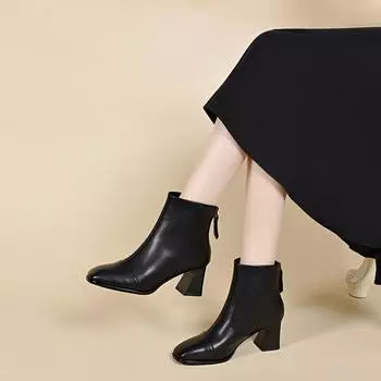 Модные ботильоны с квадратным носком женские осенне-зимние новые простые темпераментные кожаные ботинки на толстом каблуке с задней молнией 34