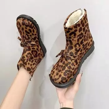 Модные ботильоны с леопардовым принтом, женская обувь, модные сексуальные замшевые короткие ботинки на плоской подошве, женские, большого размера 43, с бантом, зимние сапоги 35 светло-коричневого