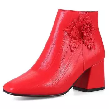 Модные ботильоны с милым цветком для женщин, модные короткие ботинки на низком каблуке, красные, белые, черные, большого размера, весенне-зимняя женская обувь 34 чёрный