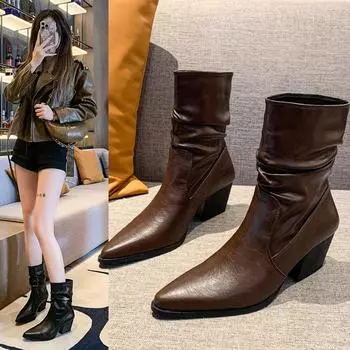 Модные ботильоны с острым носком в стиле вестерн, женские туфли челси на высоком каблуке, тренд 2025 года, зимние короткие плюшевые теплые зимние кожаные ботинки в готическом стиле для женщин 35 чёрный