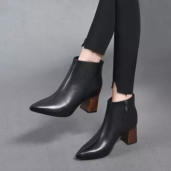 Модные ботильоны с острым носком женские ботинки первый слой коровьей кожи толстый каблук высокий каблук ботинки простой темперамент прямые ботинки 34