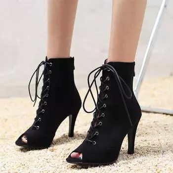 Модные ботильоны с открытым носком для женщин, обувь для джазовых танцев, сексуальные летние туфли на высоком каблуке, замшевые туфли для вечеринок, женские, большого размера 34 бежевый