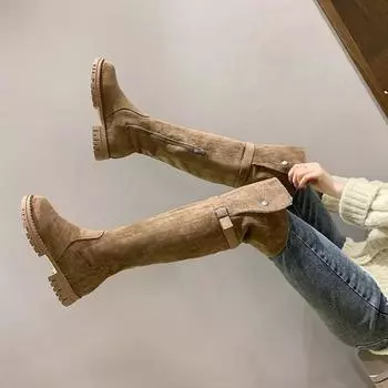 Модные ботинки челси, женская обувь 2024 года, новая зимняя мода выше колена, плюшевые теплые высокие сапоги для зимы, повседневная обувь на плоской подошве, мотоциклетные ботинки 35 хаки