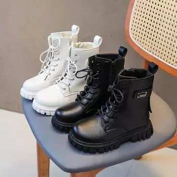 Модные ботинки для девочек, детские черные ботинки в стиле мотоцикла Tide, резиновые ботинки для детей в британском стиле 2024 года, теплые, с металлической пряжкой 27 бежевый