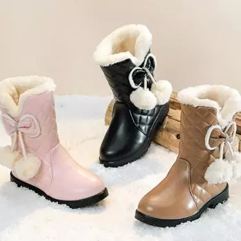 Модные ботинки для девочек, новые детские хлопковые зимние ботинки, кожаные ботинки принцессы с бантом, студенческие зимние ботинки, детская спортивная обувь из плюша, кроссовки 27 розовый