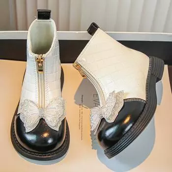 Модные ботинки для девочек с бантом из кристаллов, детские ботильоны из искусственной кожи на молнии, короткие детские ботинки принцессы с мягкой подошвой 23 бежевый