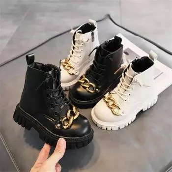 Модные ботинки для девочек с металлической цепочкой, зимние плюшевые детские ботильоны из искусственной кожи на молнии, черные, бежевые хлопковые ботинки 26 чёрный